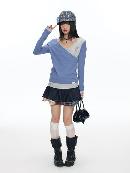 BETWEENAND Polka Dot Embroidered Asymmetric V-neck Women&