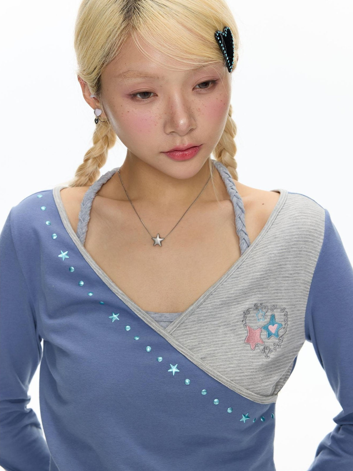 BETWEENAND Polka Dot Embroidered Asymmetric V-neck Women&