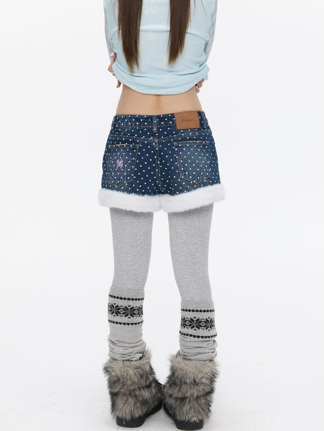 BETWEENAND Polka Dot Embroidered Fleece Patchwork High Waisted Women&