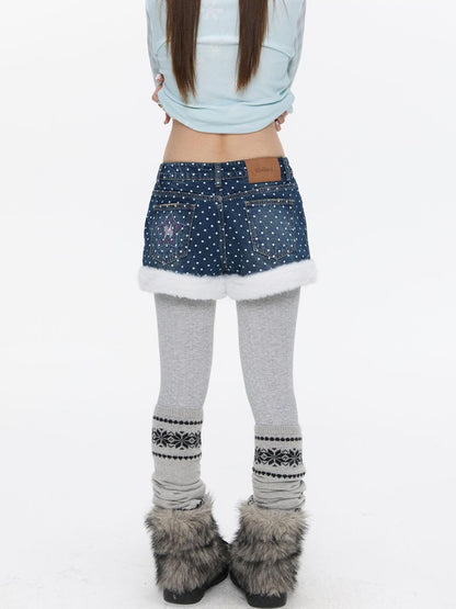 BETWEENAND Polka Dot Embroidered Fleece Patchwork High Waisted Women&