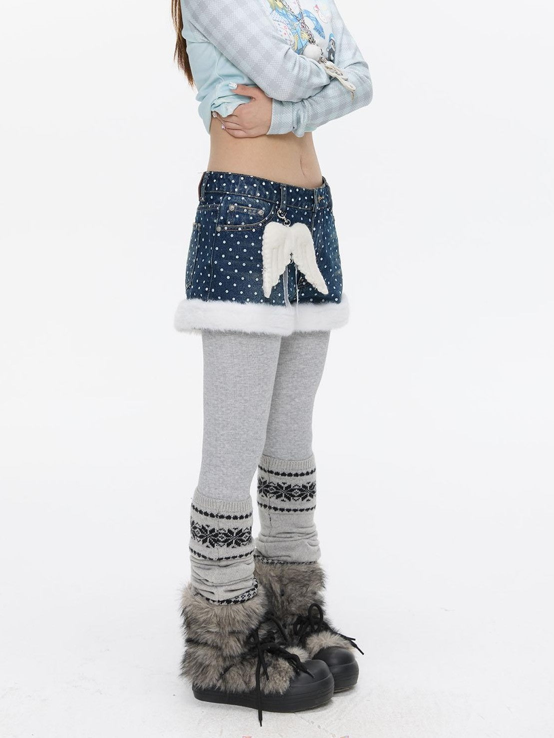 BETWEENAND Polka Dot Embroidered Fleece Patchwork High Waisted Women&