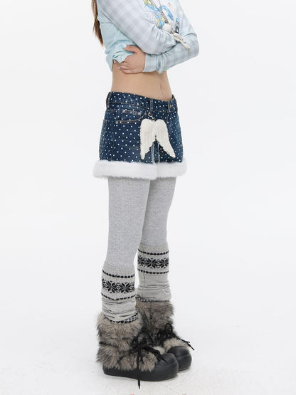 BETWEENAND Polka Dot Embroidered Fleece Patchwork High Waisted Women&