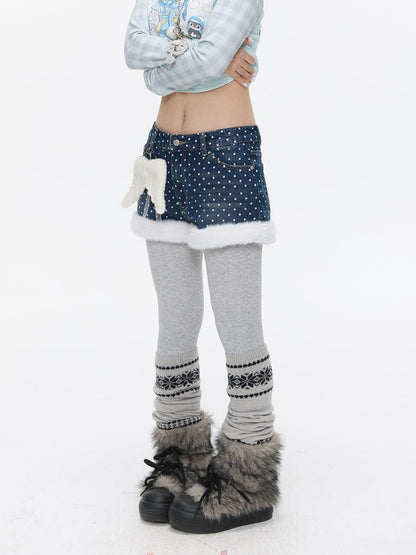 BETWEENAND Polka Dot Embroidered Fleece Patchwork High Waisted Women&