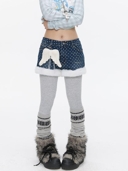 BETWEENAND Polka Dot Embroidered Fleece Patchwork High Waisted Women&