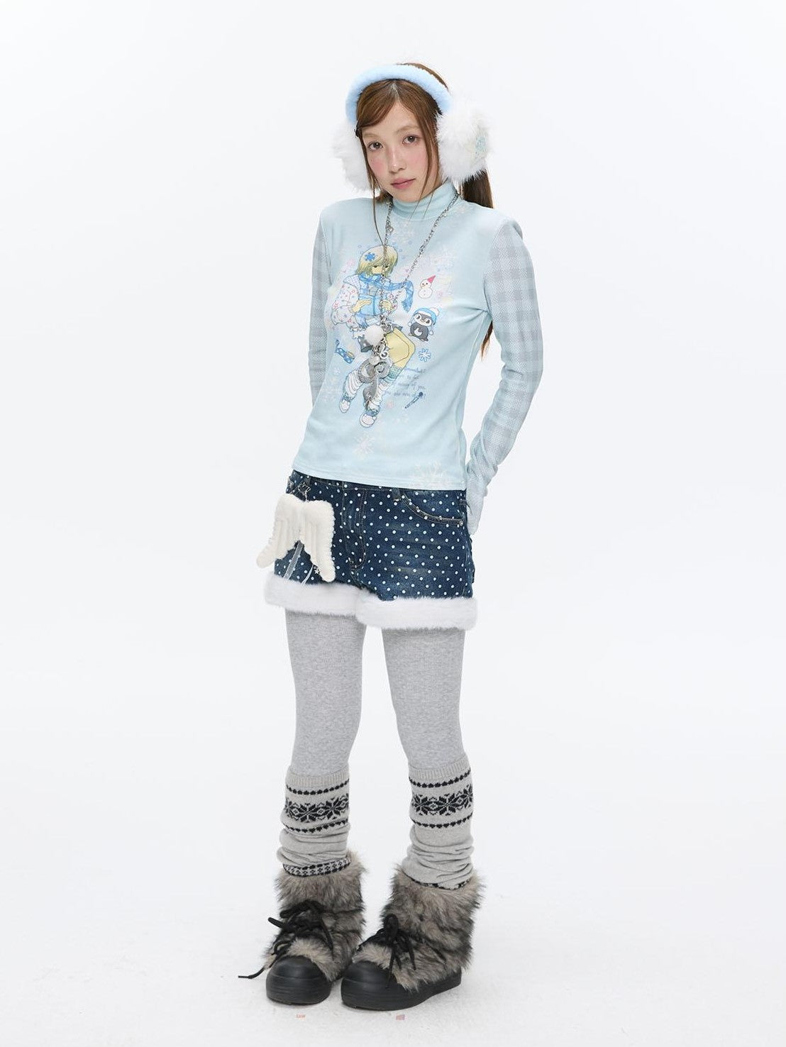 BETWEENAND Polka Dot Embroidered Fleece Patchwork High Waisted Women&