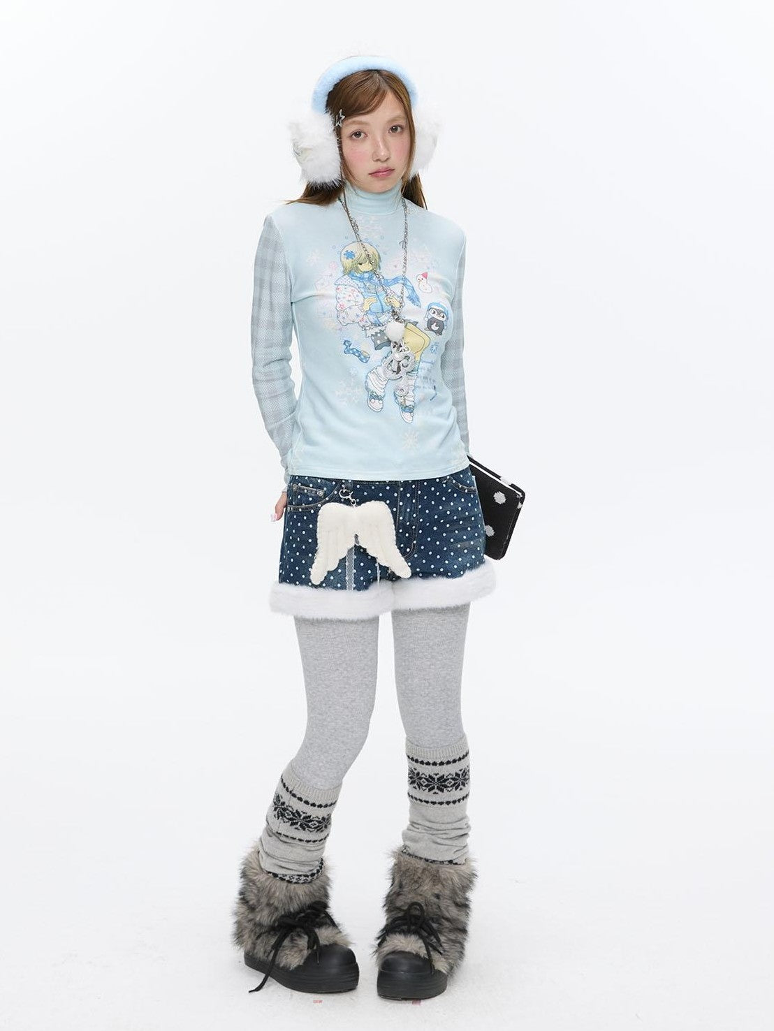 BETWEENAND Polka Dot Embroidered Fleece Patchwork High Waisted Women&