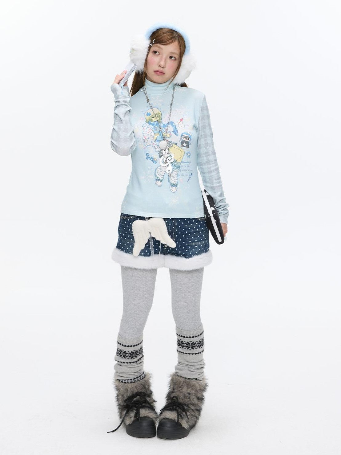 BETWEENAND Polka Dot Embroidered Fleece Patchwork High Waisted Women&