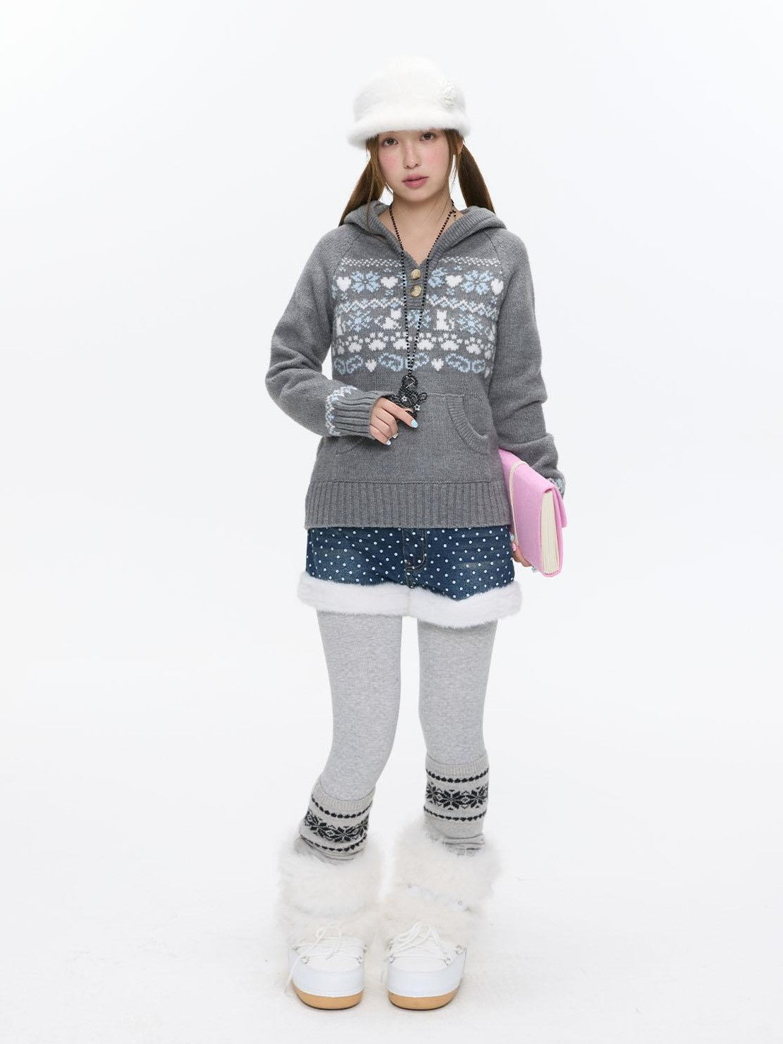 BETWEENAND Polka Dot Embroidered Fleece Patchwork High Waisted Women&