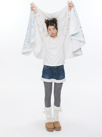 BETWEENAND Polka Dot Embroidered Fleece Patchwork High Waisted Women&