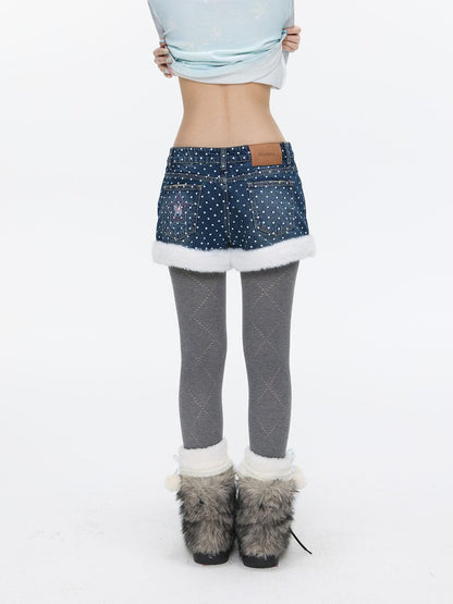 BETWEENAND Polka Dot Embroidered Fleece Patchwork High Waisted Women&