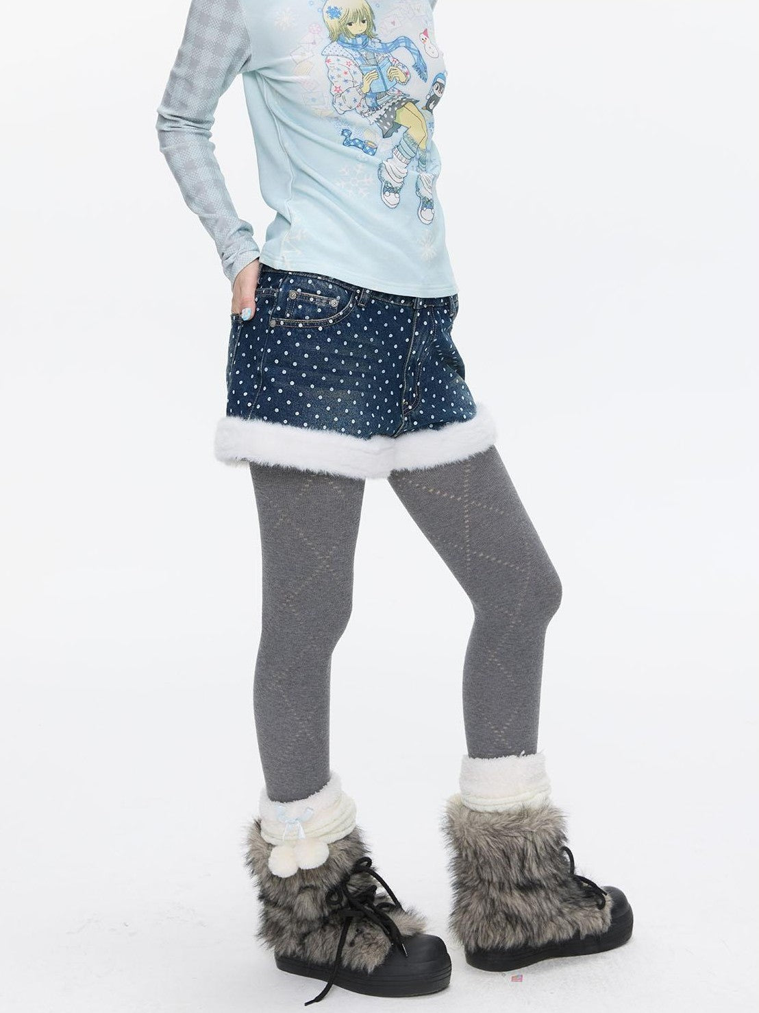 BETWEENAND Polka Dot Embroidered Fleece Patchwork High Waisted Women&