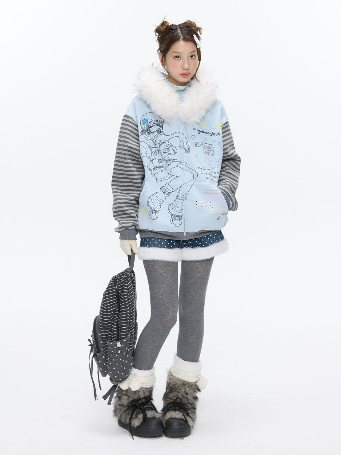 BETWEENAND Polka Dot Embroidered Fleece Patchwork High Waisted Women&