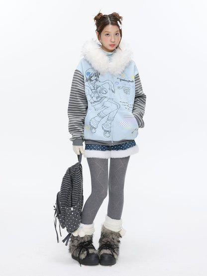 BETWEENAND Polka Dot Embroidered Fleece Patchwork High Waisted Women&