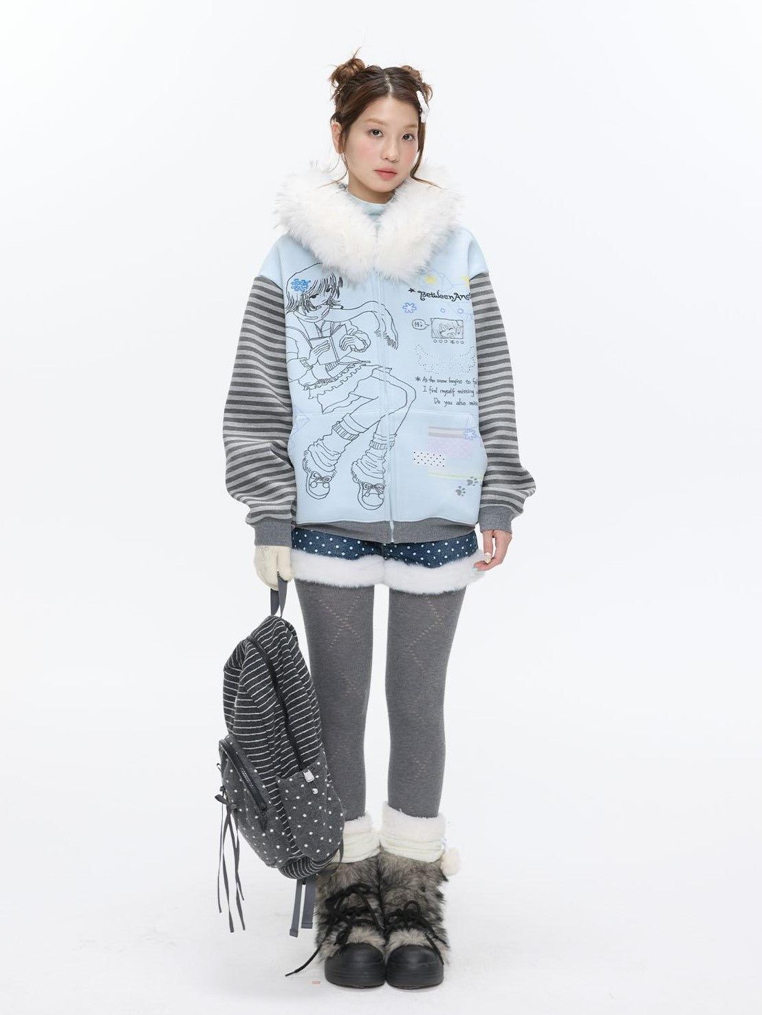BETWEENAND Polka Dot Embroidered Fleece Patchwork High Waisted Women&