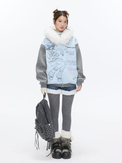 BETWEENAND Polka Dot Embroidered Fleece Patchwork High Waisted Women&