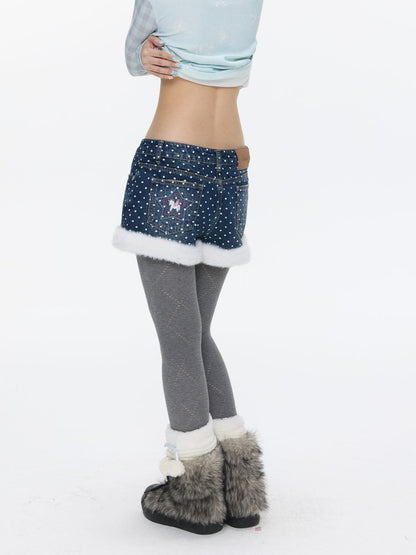 BETWEENAND Polka Dot Embroidered Fleece Patchwork High Waisted Women&