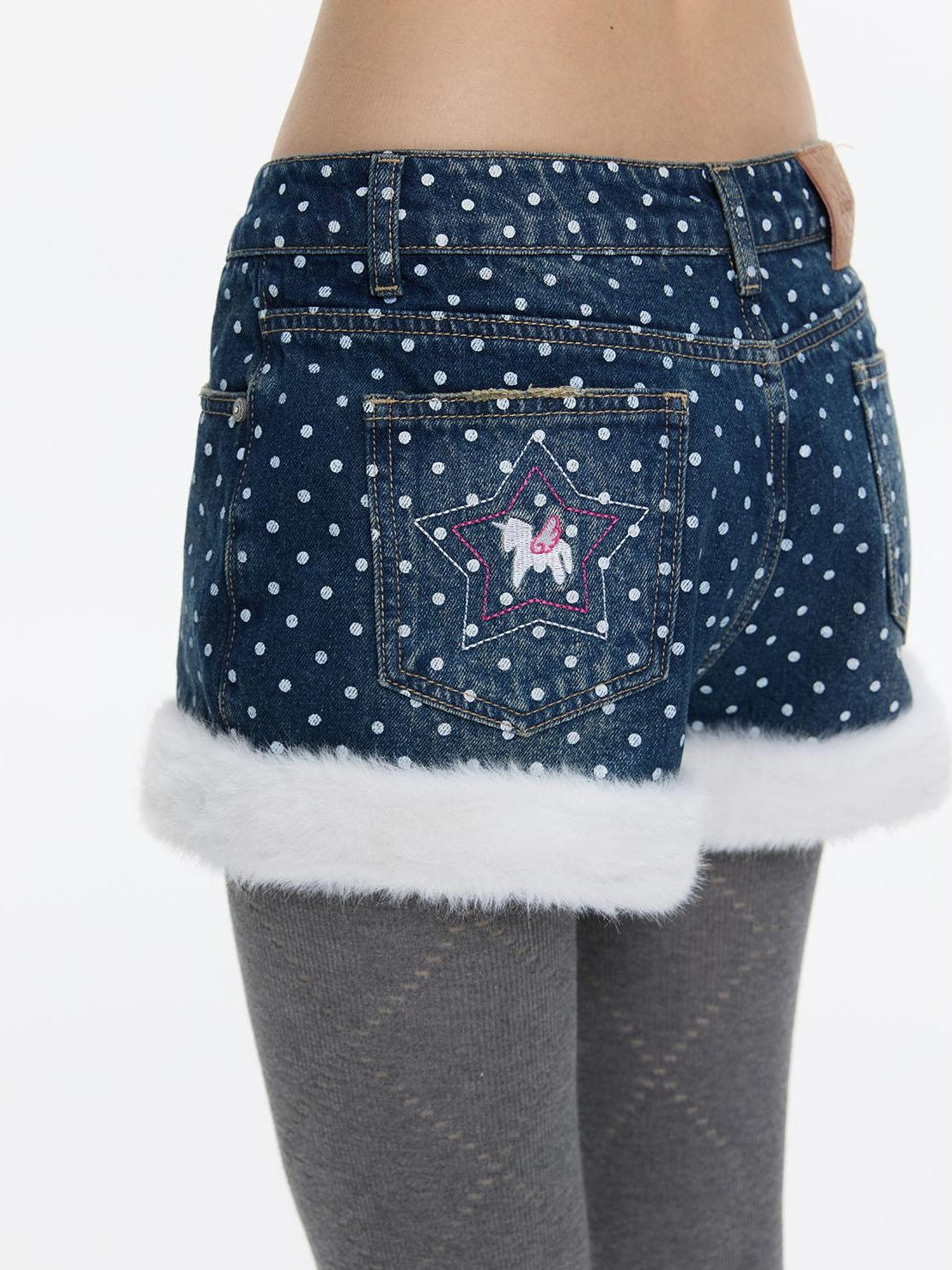 BETWEENAND Polka Dot Embroidered Fleece Patchwork High Waisted Women&