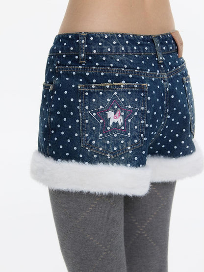 BETWEENAND Polka Dot Embroidered Fleece Patchwork High Waisted Women&