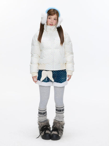 BETWEENAND Polka Dot Embroidered Fleece Patchwork High Waisted Women&