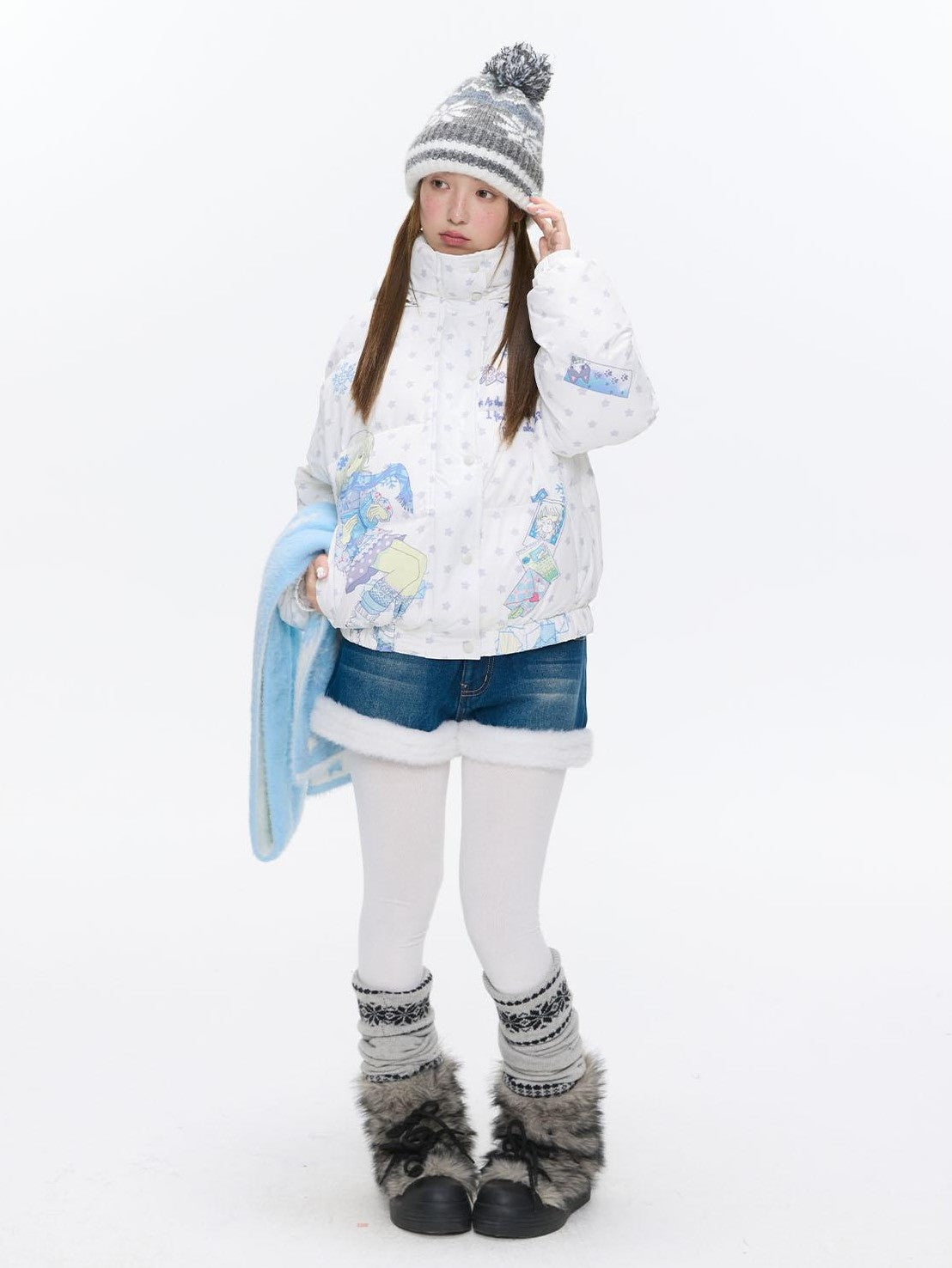 BETWEENAND Polka Dot Embroidered Fleece Patchwork High Waisted Women&