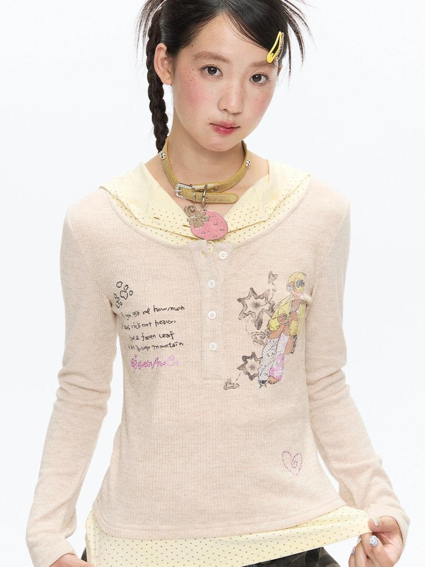 BETWEENAND Polka Dot Patchwork Hooded Layered Loose Women&