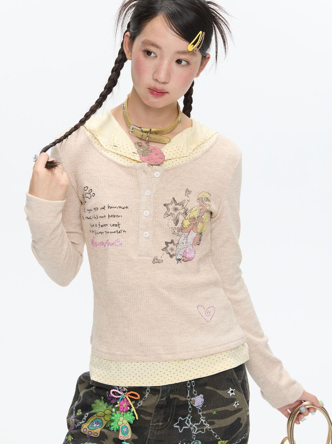 BETWEENAND Polka Dot Patchwork Hooded Layered Loose Women&