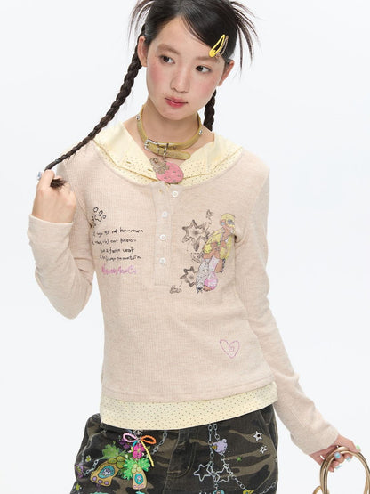 BETWEENAND Polka Dot Patchwork Hooded Layered Loose Women&