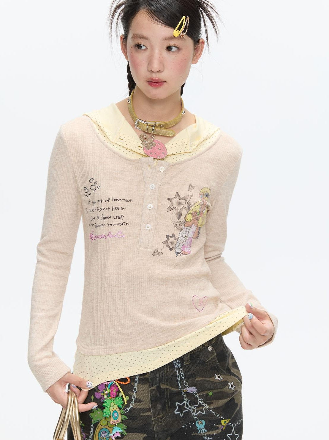 BETWEENAND Polka Dot Patchwork Hooded Layered Loose Women&