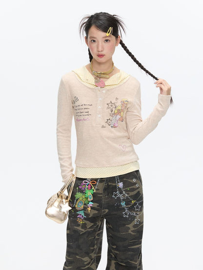 BETWEENAND Polka Dot Patchwork Hooded Layered Loose Women&