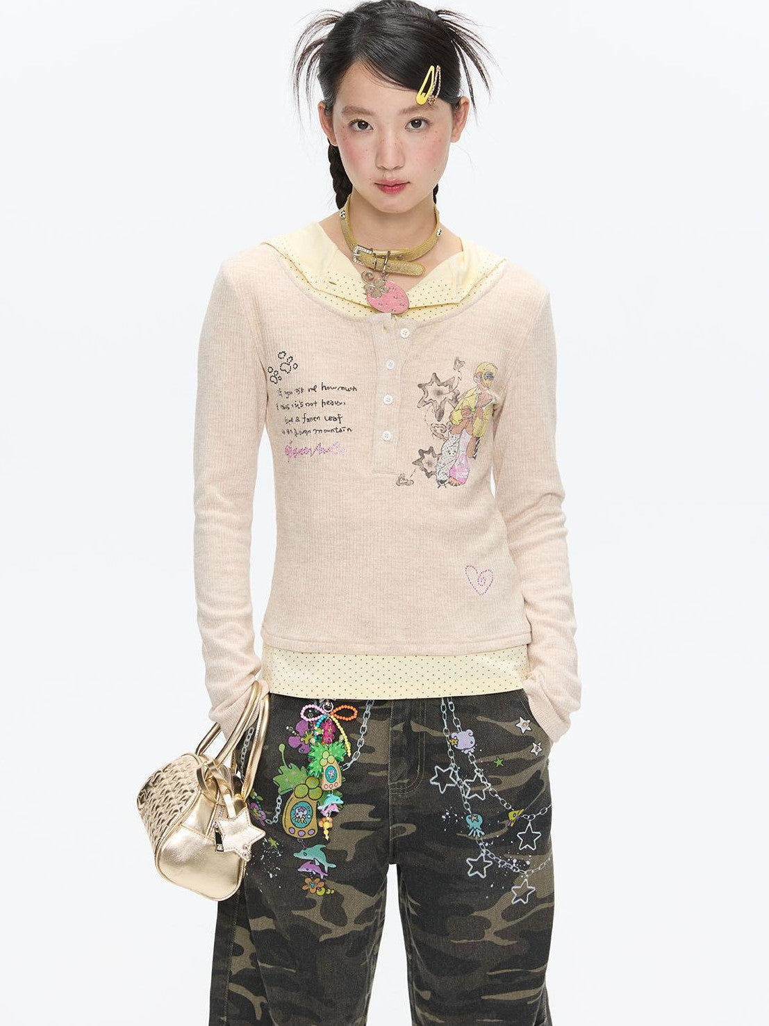 BETWEENAND Polka Dot Patchwork Hooded Layered Loose Women&