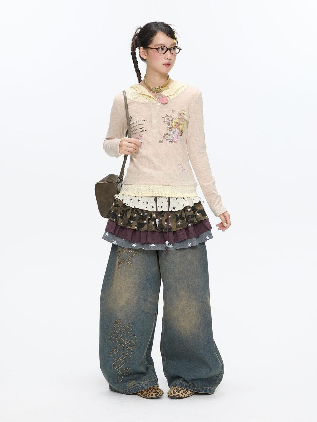 BETWEENAND Polka Dot Patchwork Hooded Layered Loose Women&