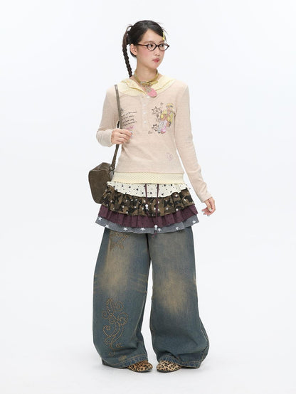 BETWEENAND Polka Dot Patchwork Hooded Layered Loose Women&