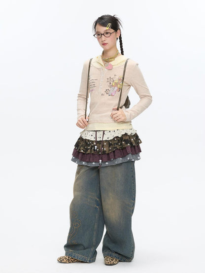 BETWEENAND Polka Dot Patchwork Hooded Layered Loose Women&