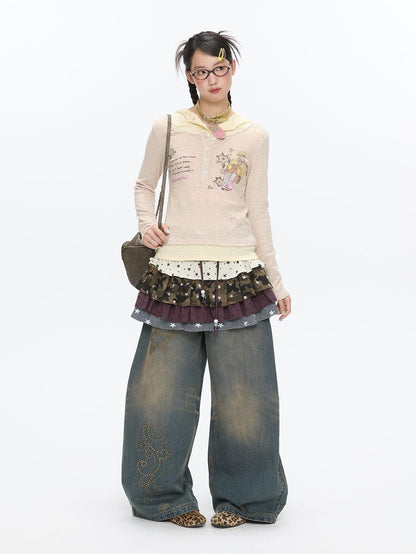 BETWEENAND Polka Dot Patchwork Hooded Layered Loose Women&