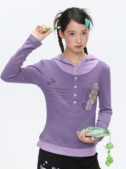 BETWEENAND Polka Dot Patchwork Hooded Layered Loose Women&