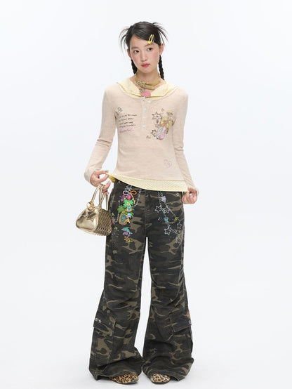 BETWEENAND Polka Dot Patchwork Hooded Layered Loose Women&