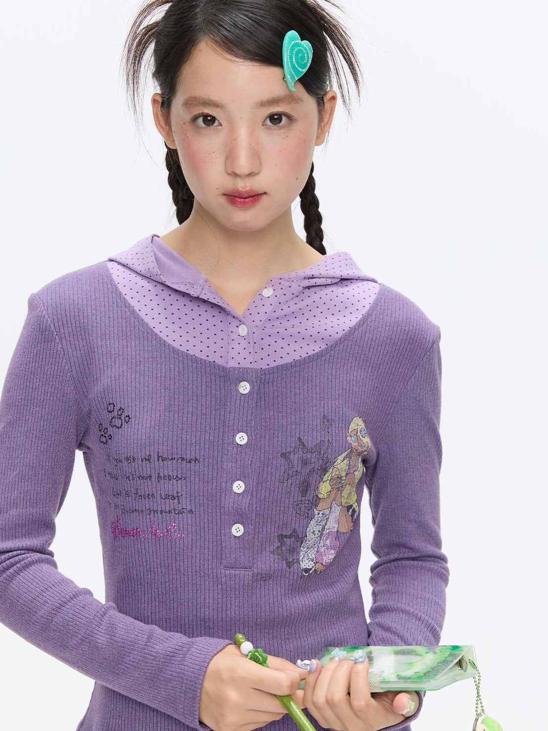 BETWEENAND Polka Dot Patchwork Hooded Layered Loose Women&