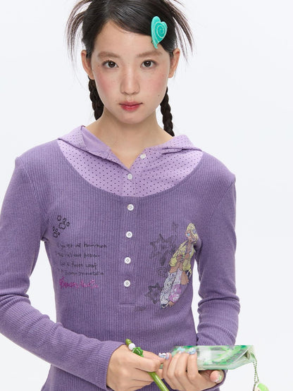 BETWEENAND Polka Dot Patchwork Hooded Layered Loose Women&