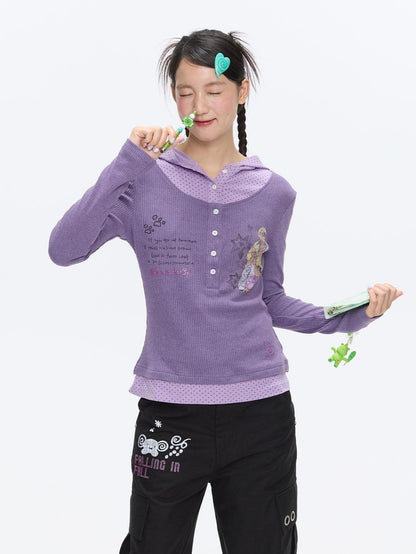 BETWEENAND Polka Dot Patchwork Hooded Layered Loose Women&