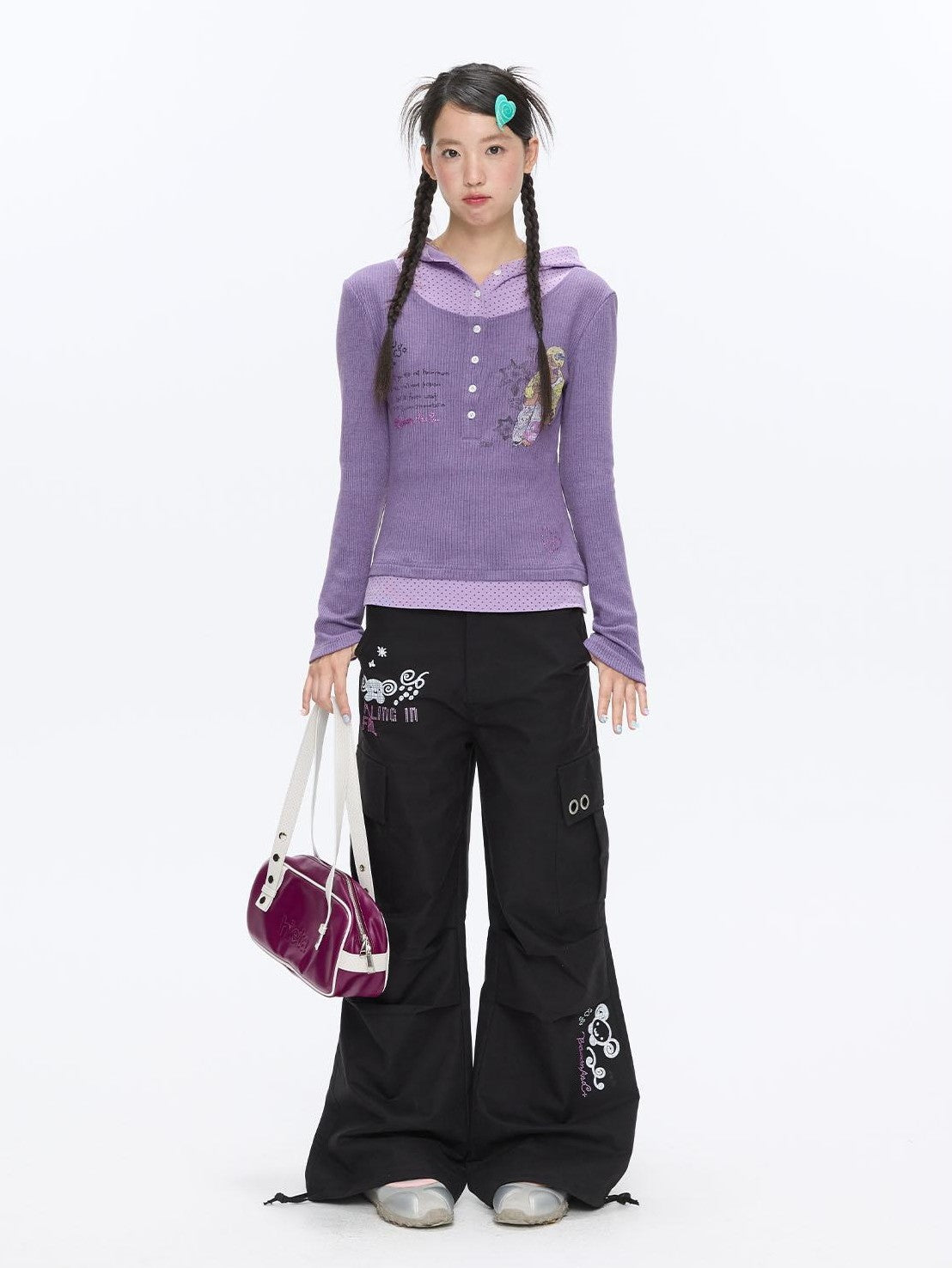 BETWEENAND Polka Dot Patchwork Hooded Layered Loose Women&