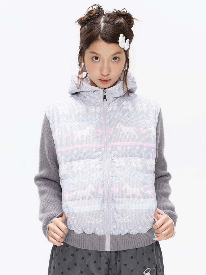 BETWEENAND Polka Dot Print Knit Hooded 90 White Duck Down Women&