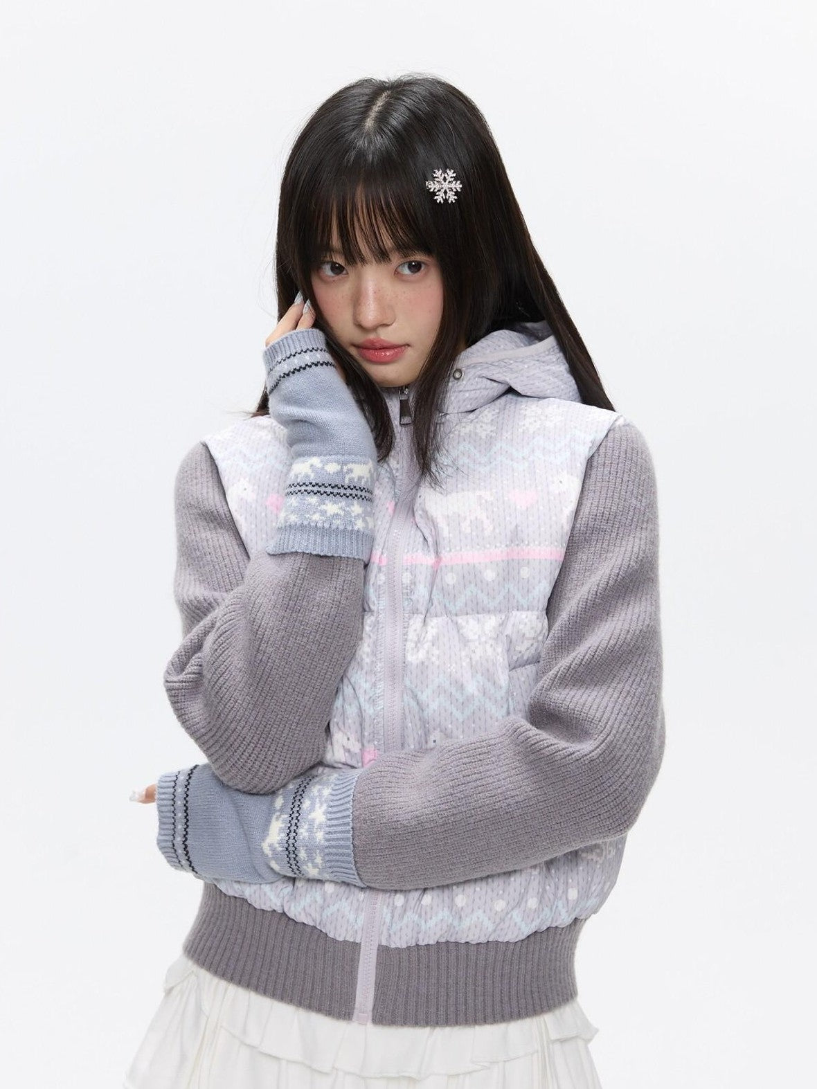 BETWEENAND Polka Dot Print Knit Hooded 90 White Duck Down Women&