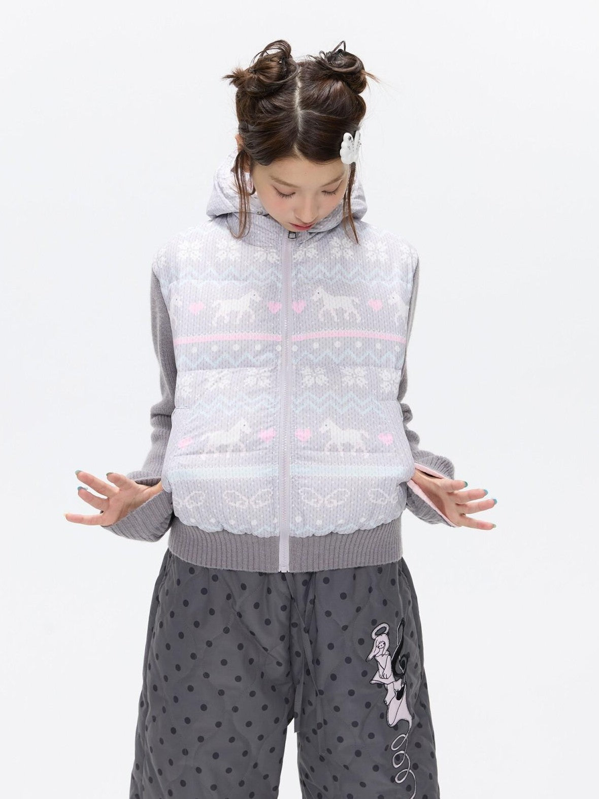BETWEENAND Polka Dot Print Knit Hooded 90 White Duck Down Women&