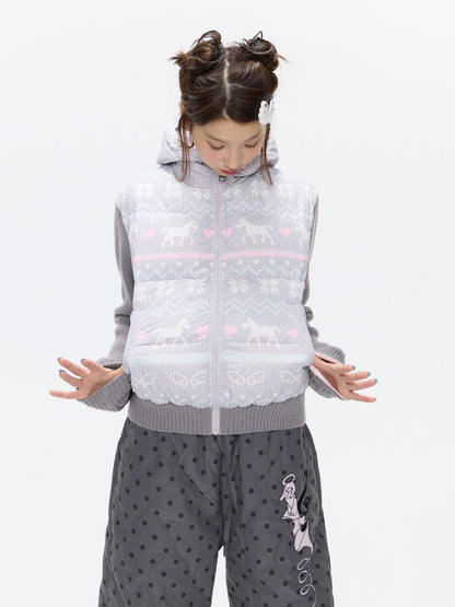 BETWEENAND Polka Dot Print Knit Hooded 90 White Duck Down Women&