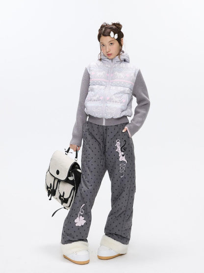 BETWEENAND Polka Dot Print Knit Hooded 90 White Duck Down Women&