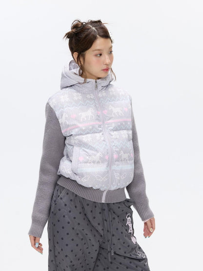 BETWEENAND Polka Dot Print Knit Hooded 90 White Duck Down Women&