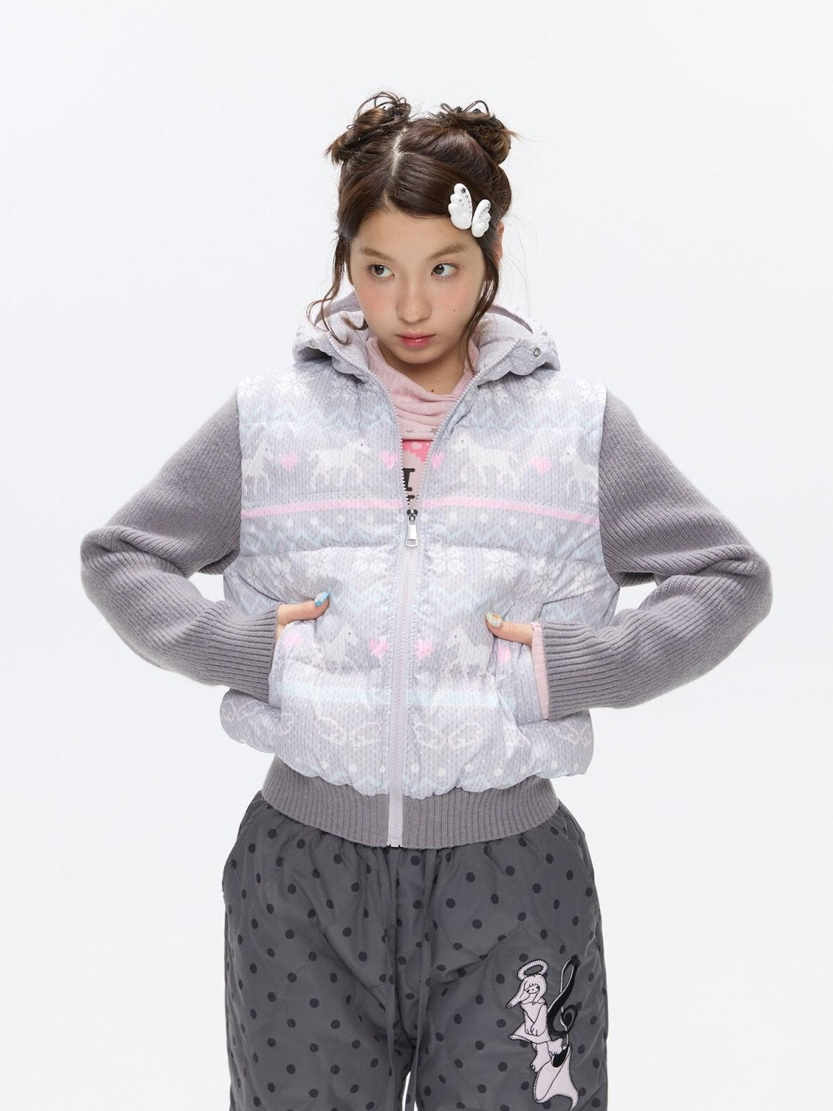 BETWEENAND Polka Dot Print Knit Hooded 90 White Duck Down Women&
