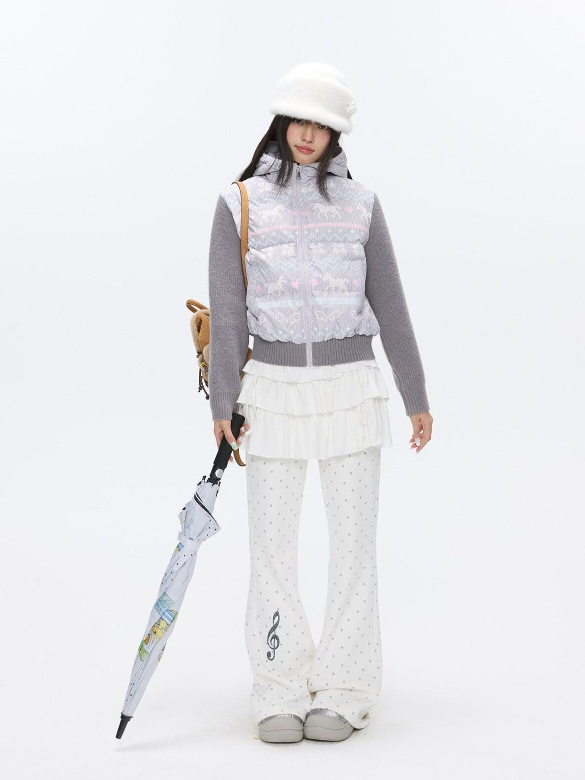 BETWEENAND Polka Dot Print Knit Hooded 90 White Duck Down Women&