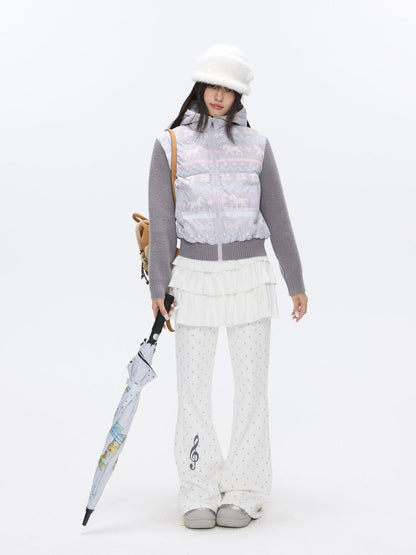 BETWEENAND Polka Dot Print Knit Hooded 90 White Duck Down Women&