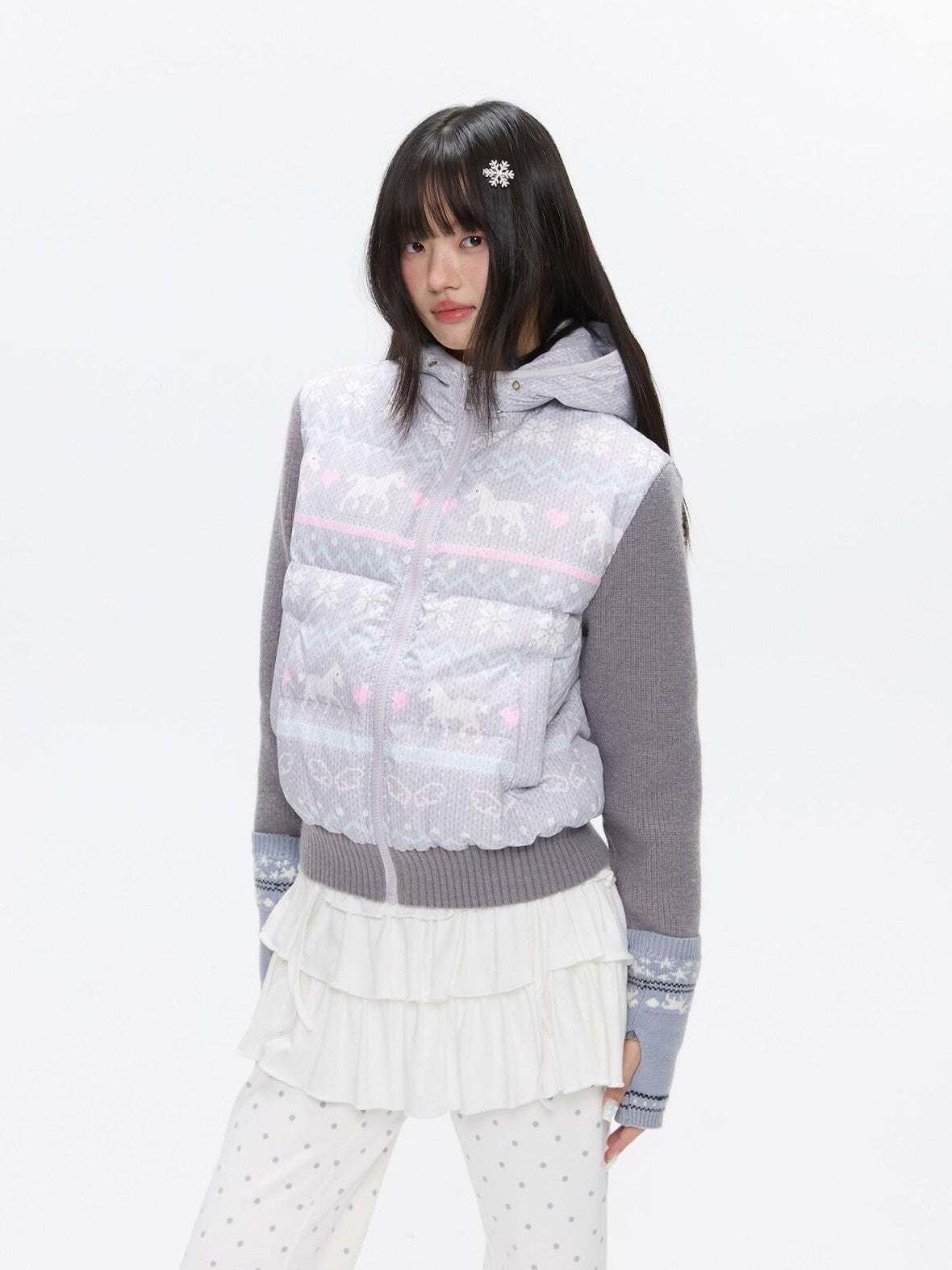 BETWEENAND Polka Dot Print Knit Hooded 90 White Duck Down Women&